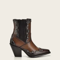 Women Cuadra Ankle Boots & Booties-Brown Leather Western Style Bootie With Studs