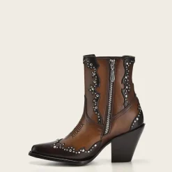 Women Cuadra Ankle Boots & Booties-Brown Leather Western Style Bootie With Studs