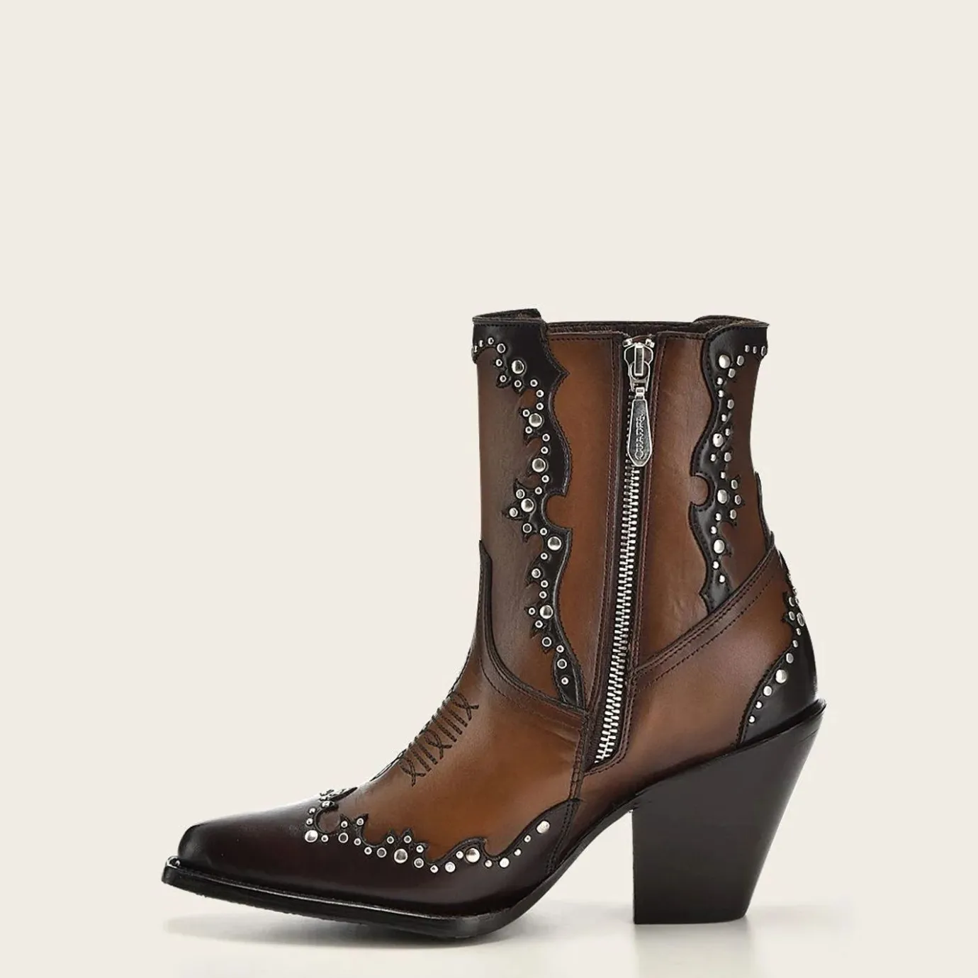 Women Cuadra Ankle Boots & Booties-Brown Leather Western Style Bootie With Studs