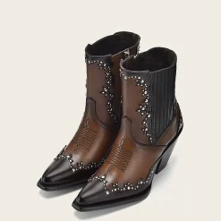 Women Cuadra Ankle Boots & Booties-Brown Leather Western Style Bootie With Studs