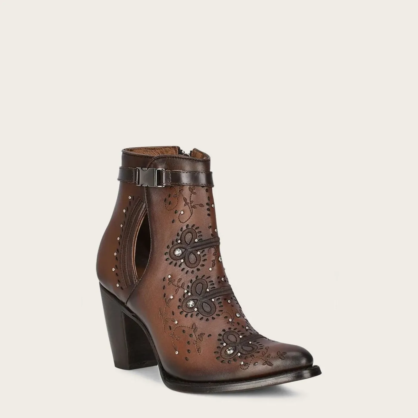 Women Cuadra Ankle Boots & Booties-Brown Perforated And Embroidery Bootie With Crystals