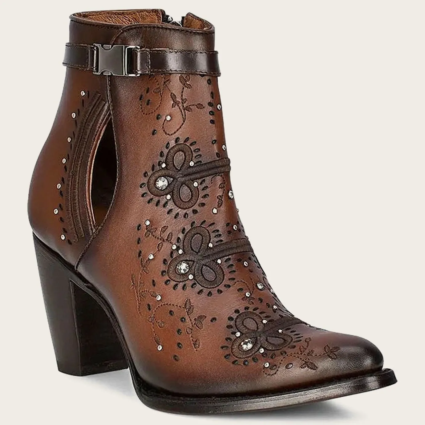 Women Cuadra Ankle Boots & Booties-Brown Perforated And Embroidery Bootie With Crystals