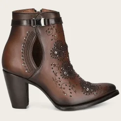Women Cuadra Ankle Boots & Booties-Brown Perforated And Embroidery Bootie With Crystals