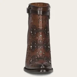 Women Cuadra Ankle Boots & Booties-Brown Perforated And Embroidery Bootie With Crystals