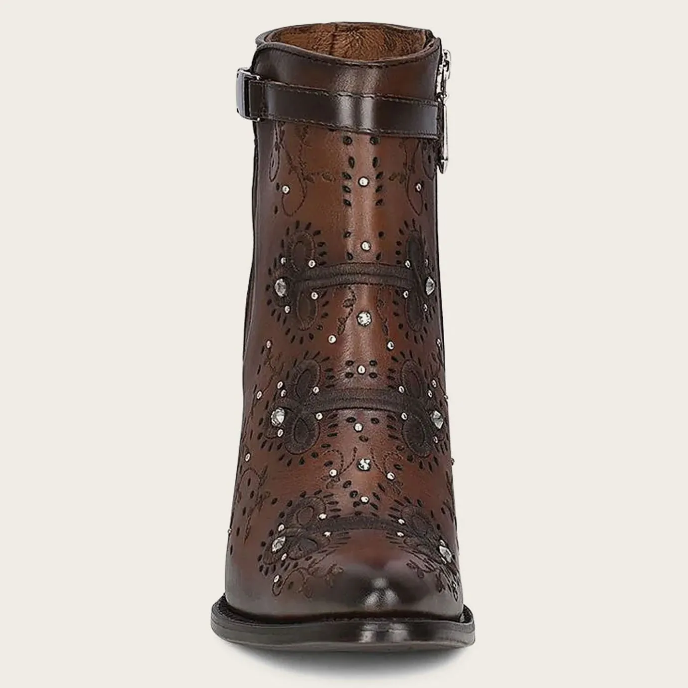 Women Cuadra Ankle Boots & Booties-Brown Perforated And Embroidery Bootie With Crystals