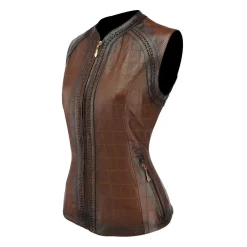 Women Cuadra Vests-Checkered Embroidered Brown Leather Vest