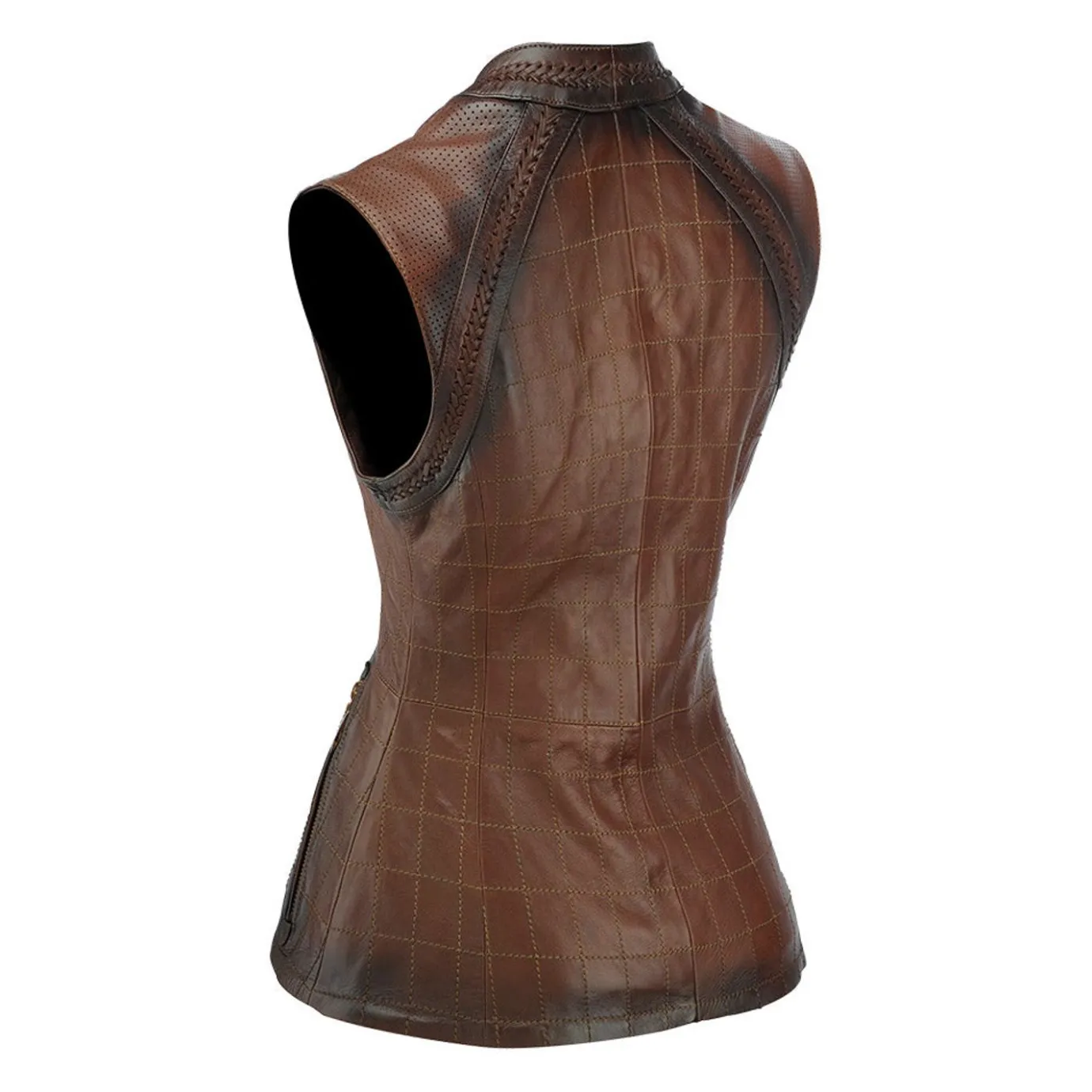 Women Cuadra Vests-Checkered Embroidered Brown Leather Vest