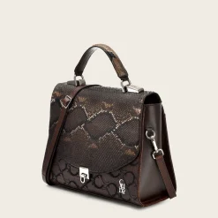 Women Cuadra Top Handle & Satchel Bags-Dark Brown Exotic Leather Handbag With Monogram Leather