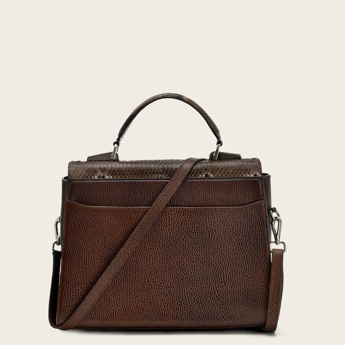 Women Cuadra Top Handle & Satchel Bags-Dark Brown Exotic Leather Handbag With Monogram Leather