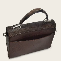 Women Cuadra Top Handle & Satchel Bags-Dark Brown Exotic Leather Handbag With Monogram Leather