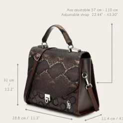 Women Cuadra Top Handle & Satchel Bags-Dark Brown Exotic Leather Handbag With Monogram Leather