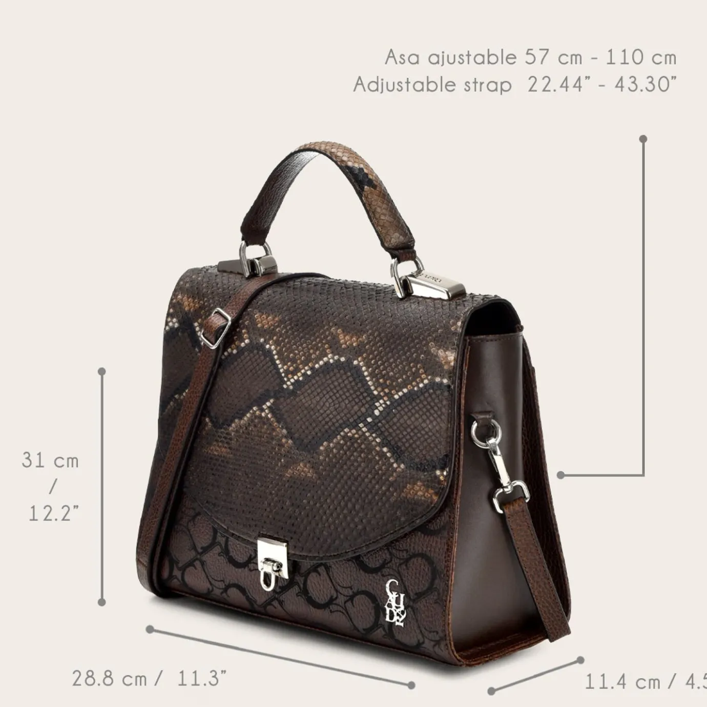 Women Cuadra Top Handle & Satchel Bags-Dark Brown Exotic Leather Handbag With Monogram Leather