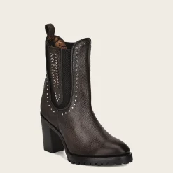 Women Cuadra Ankle Boots & Booties-Dark Brown Leather Urban Bootie With Hand Made Fabric And Studs