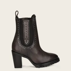 Women Cuadra Ankle Boots & Booties-Dark Brown Leather Urban Bootie With Hand Made Fabric And Studs