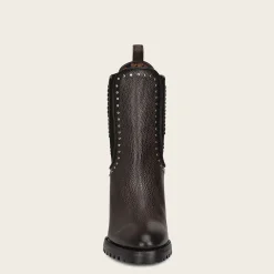Women Cuadra Ankle Boots & Booties-Dark Brown Leather Urban Bootie With Hand Made Fabric And Studs