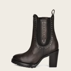 Women Cuadra Ankle Boots & Booties-Dark Brown Leather Urban Bootie With Hand Made Fabric And Studs