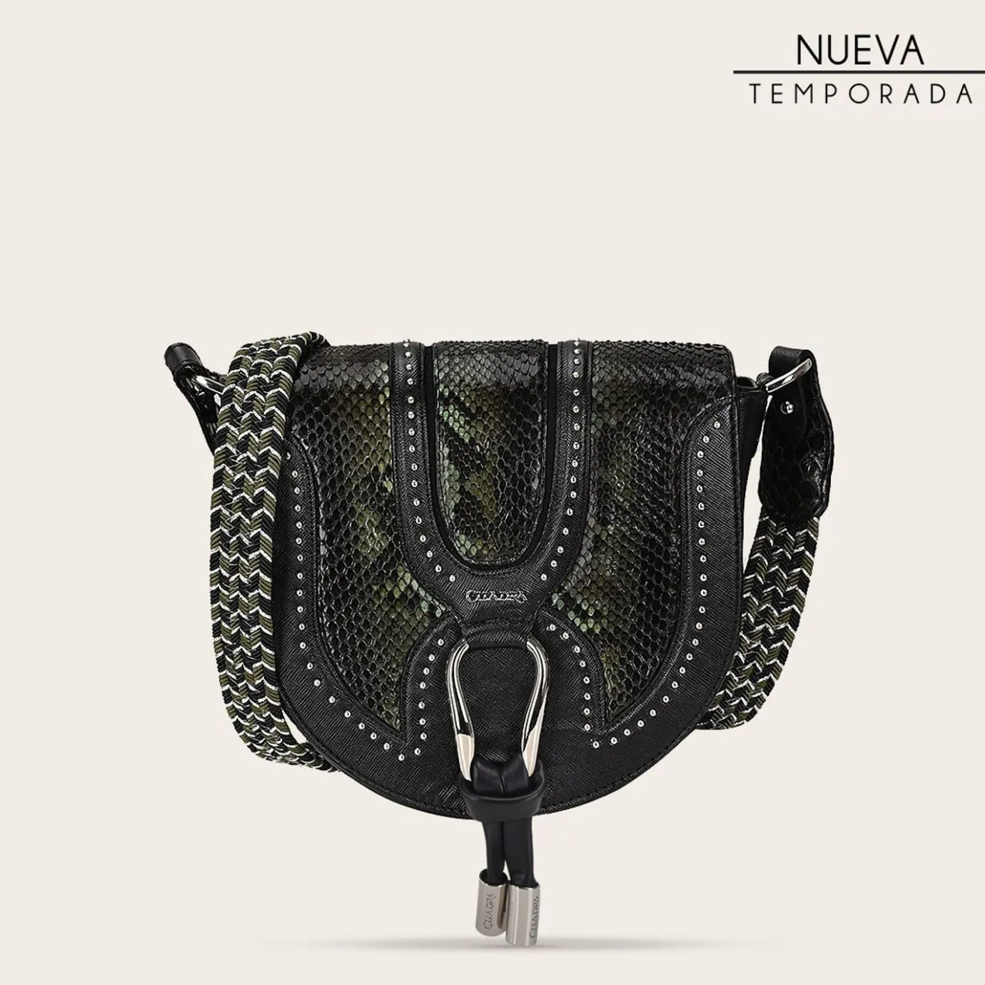 Women Cuadra Crossbody Bags-Dark Green Exotic Leather Crossbody Bag With Studs