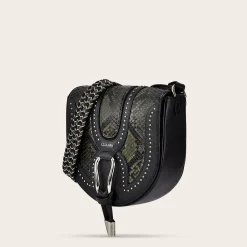 Women Cuadra Crossbody Bags-Dark Green Exotic Leather Crossbody Bag With Studs