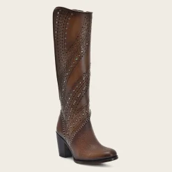 Women Cuadra Tall & Knee-High Boots-Decorated Brown Leather Tall Boot With Perforations