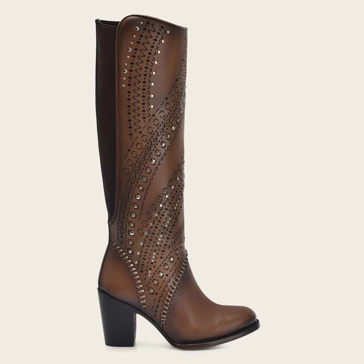 Women Cuadra Tall & Knee-High Boots-Decorated Brown Leather Tall Boot With Perforations