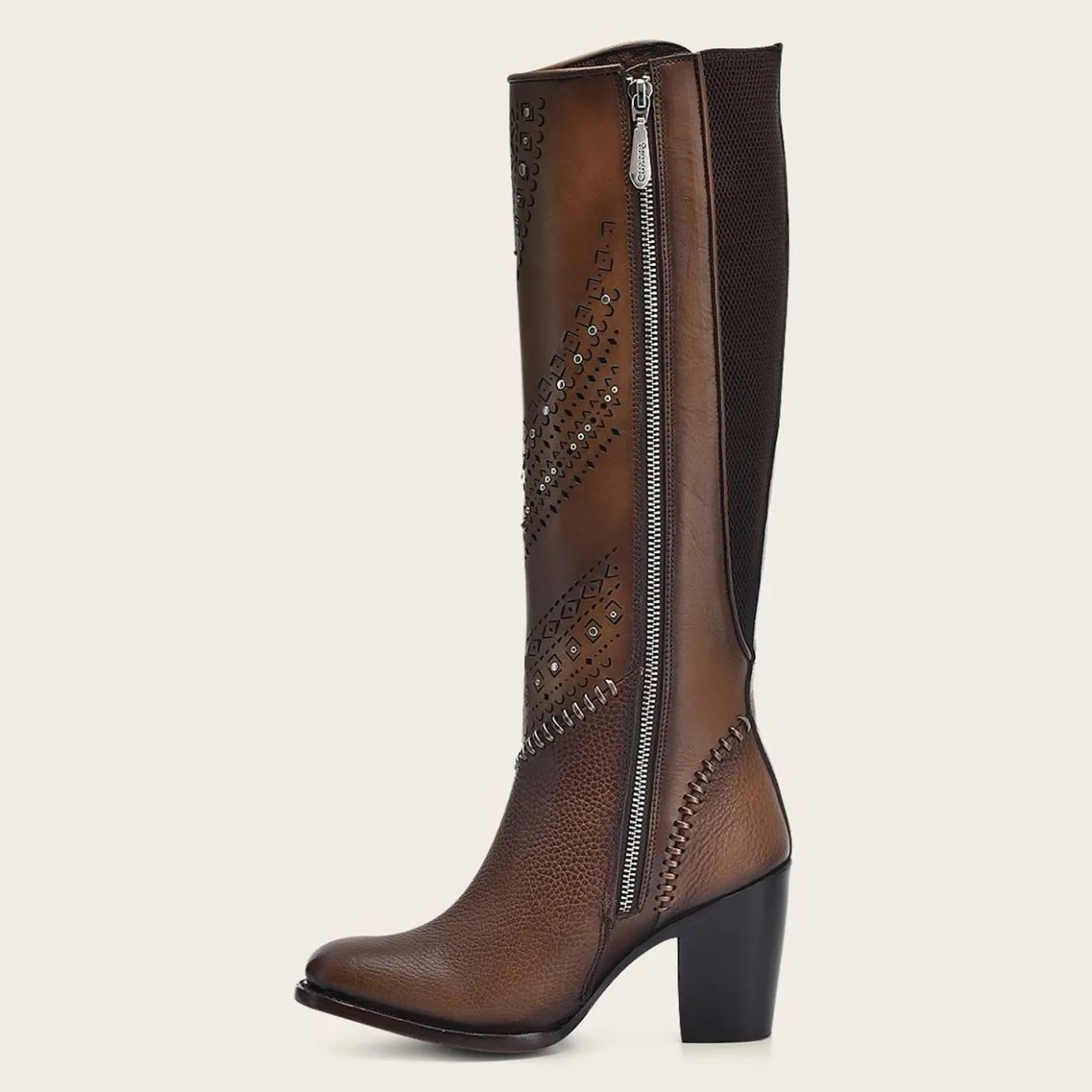Women Cuadra Tall & Knee-High Boots-Decorated Brown Leather Tall Boot With Perforations
