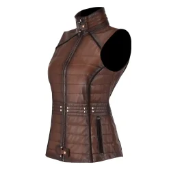 Women Cuadra Vests-Embroidered Brown Leather Vest