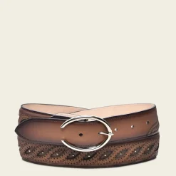 Women Cuadra Belts-Embroidered Brown Leather Belt With Braided Detail