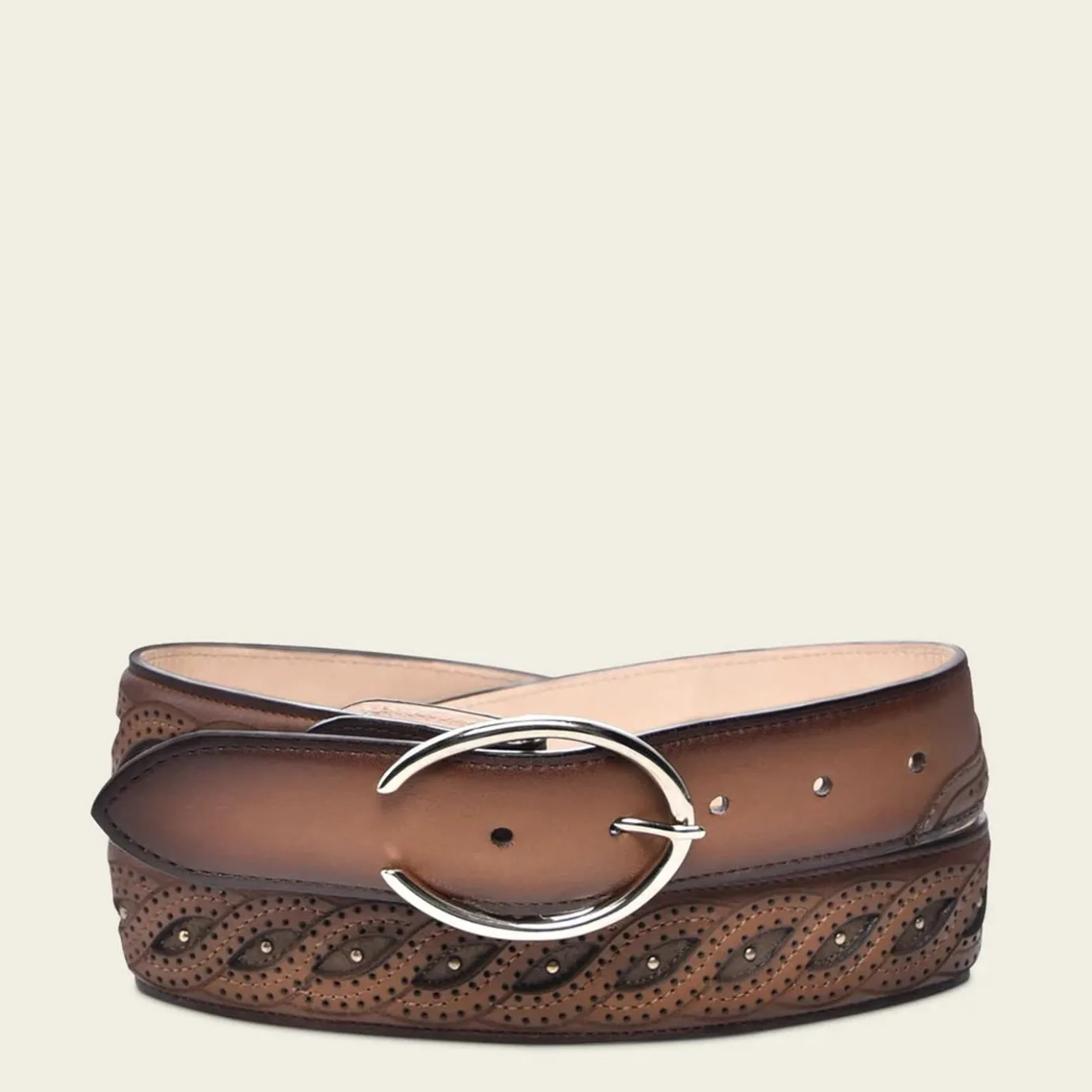 Women Cuadra Belts-Embroidered Brown Leather Belt With Braided Detail