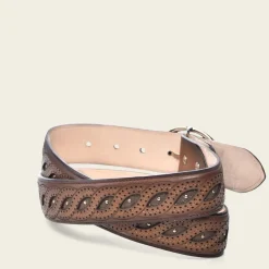 Women Cuadra Belts-Embroidered Brown Leather Belt With Braided Detail