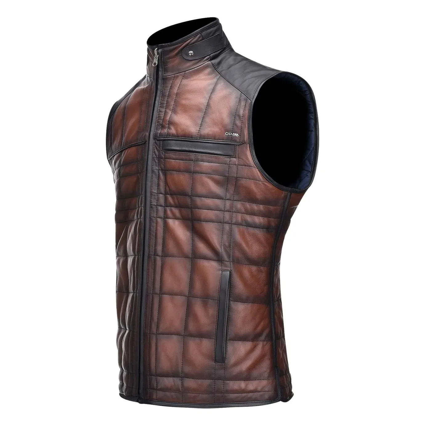 Men Cuadra Vests-Embroidered Brown Leather Reversible Vest