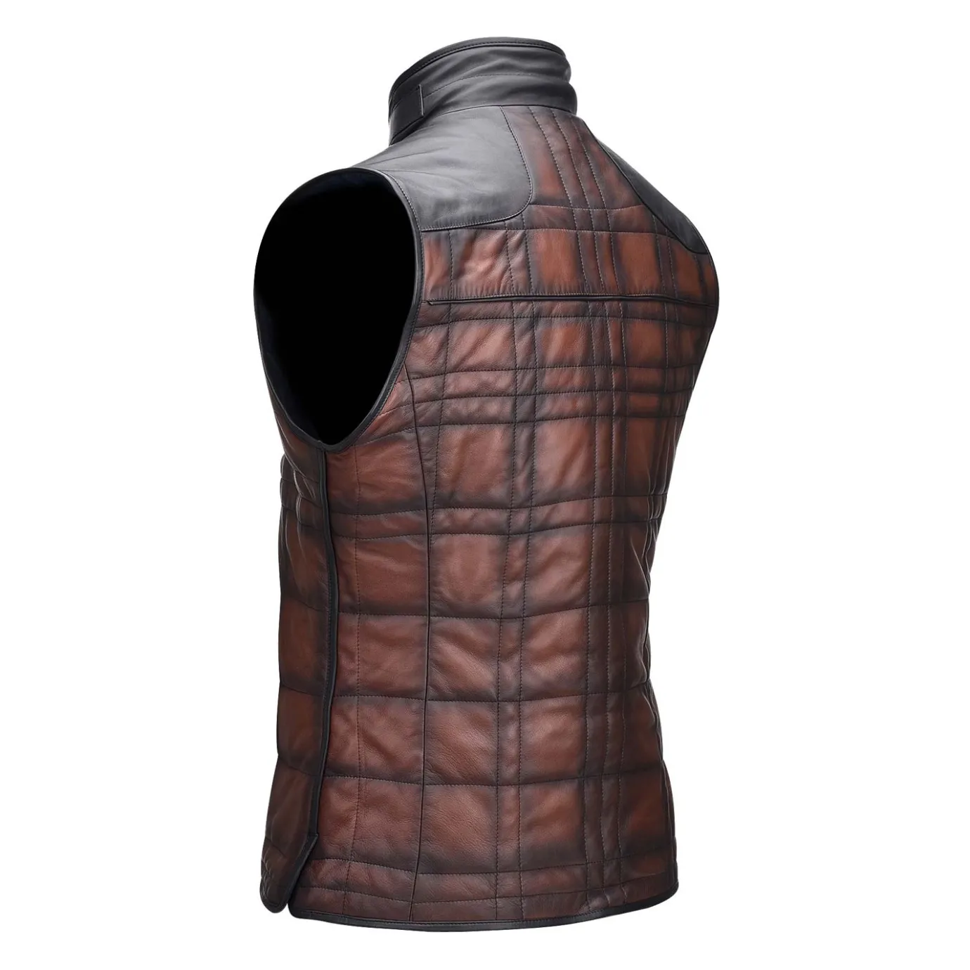 Men Cuadra Vests-Embroidered Brown Leather Reversible Vest