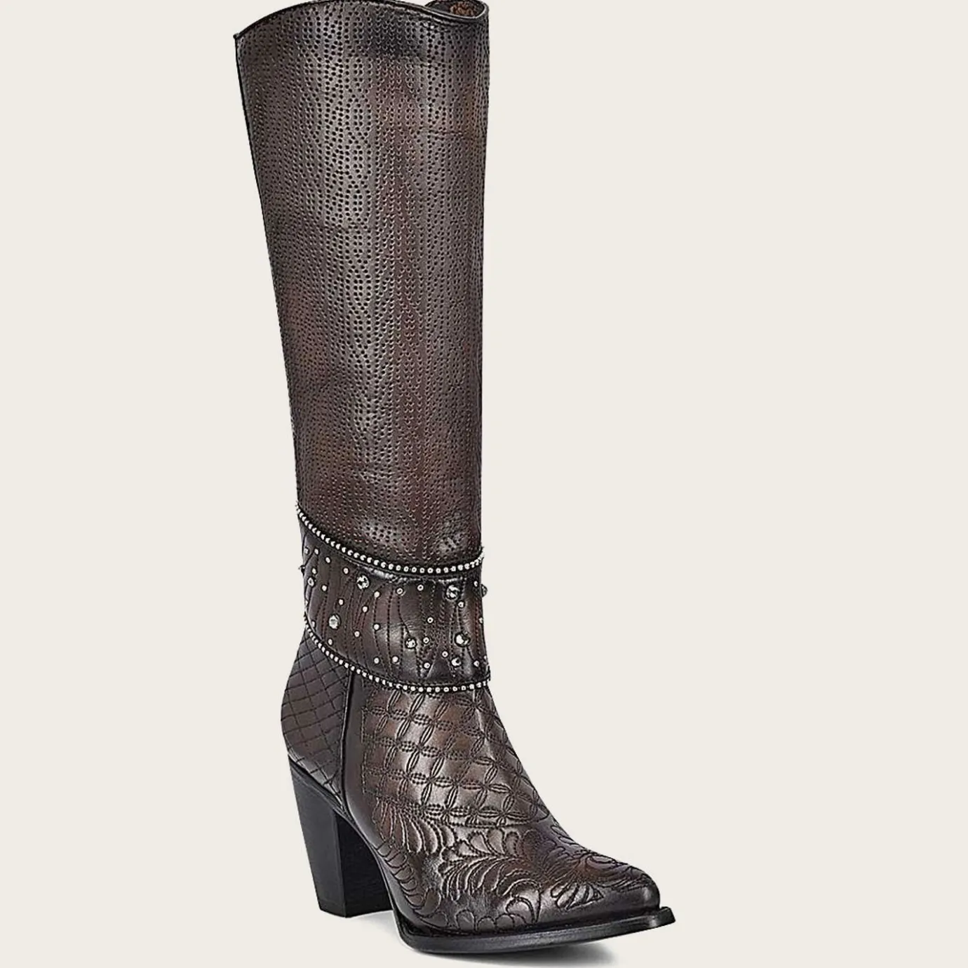 Women Cuadra Tall & Knee-High Boots-Embroidered Dark Brown Leather Boot With Austrian Crystals