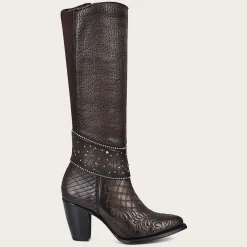 Women Cuadra Tall & Knee-High Boots-Embroidered Dark Brown Leather Boot With Austrian Crystals