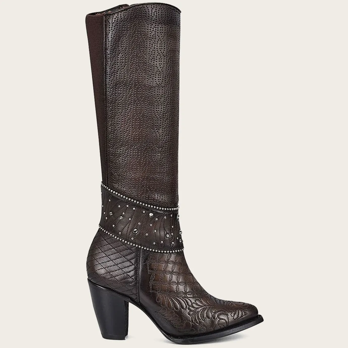 Women Cuadra Tall & Knee-High Boots-Embroidered Dark Brown Leather Boot With Austrian Crystals