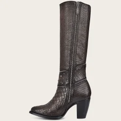 Women Cuadra Tall & Knee-High Boots-Embroidered Dark Brown Leather Boot With Austrian Crystals