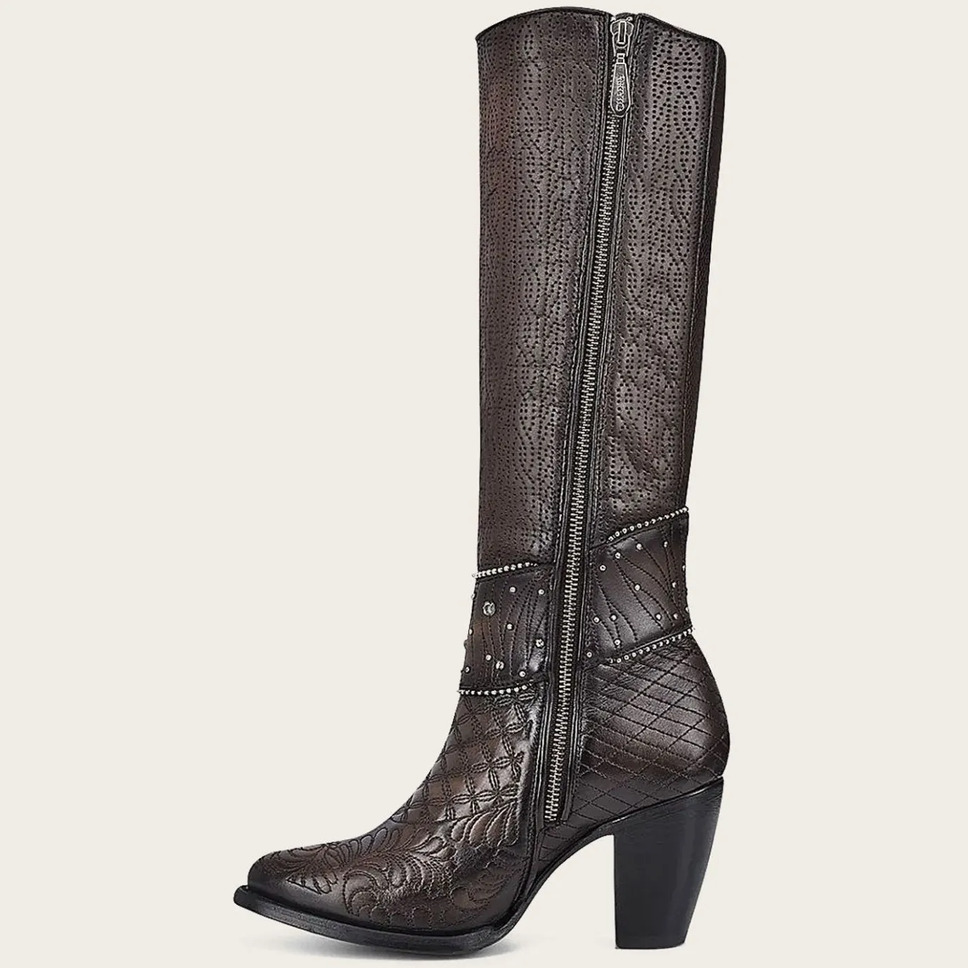Women Cuadra Tall & Knee-High Boots-Embroidered Dark Brown Leather Boot With Austrian Crystals
