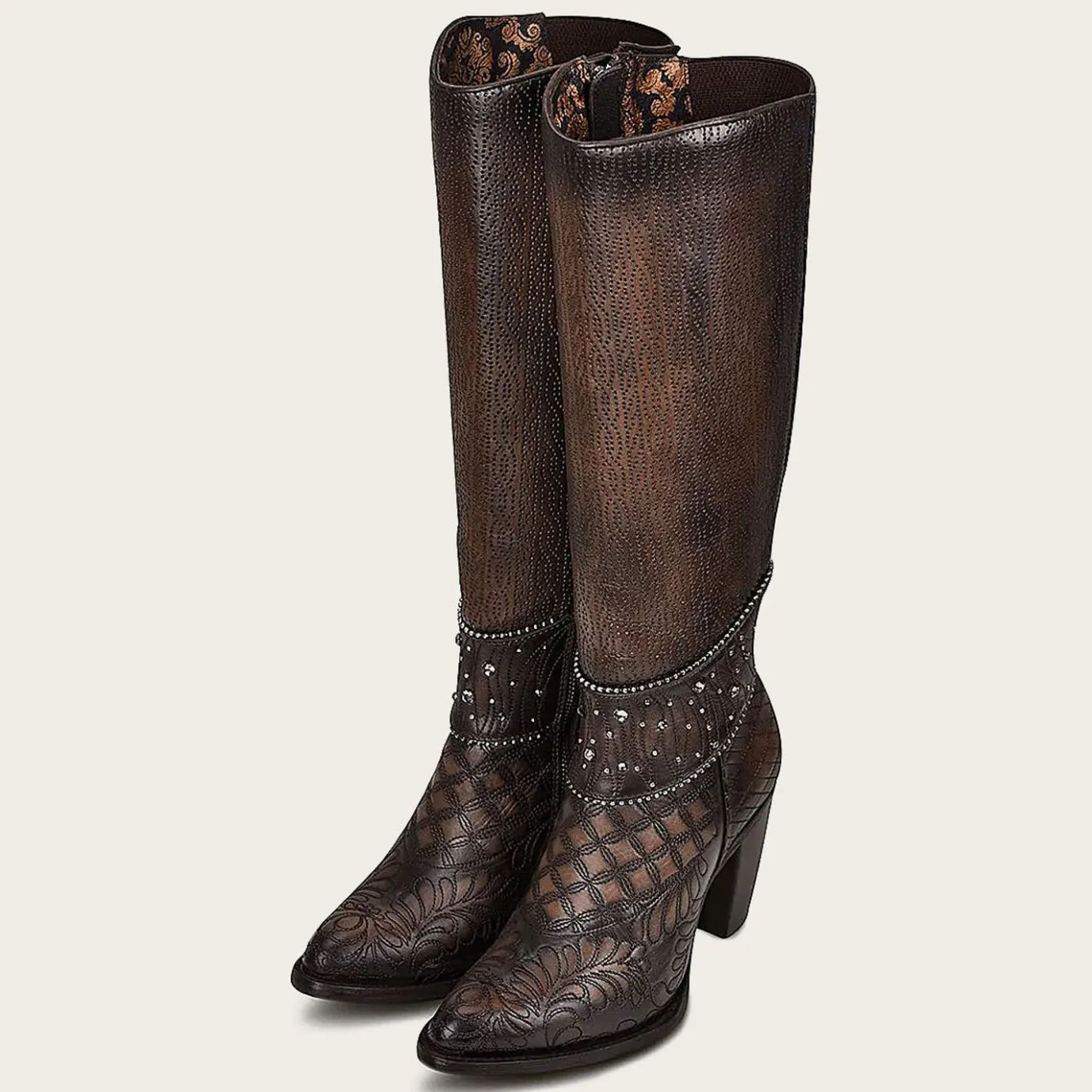 Women Cuadra Tall & Knee-High Boots-Embroidered Dark Brown Leather Boot With Austrian Crystals