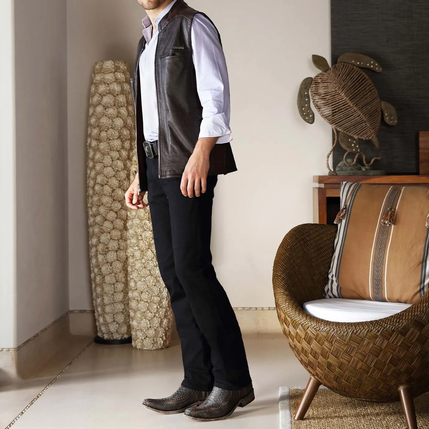 Men Cuadra Vests-Engraved And Elegant Brown Leather Vest