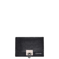 Women Cuadra Wallets-Engraved Black Leather Trifold Wallet