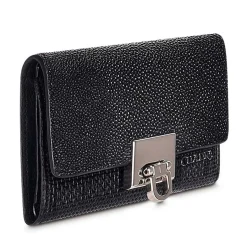 Women Cuadra Wallets-Engraved Black Leather Trifold Wallet