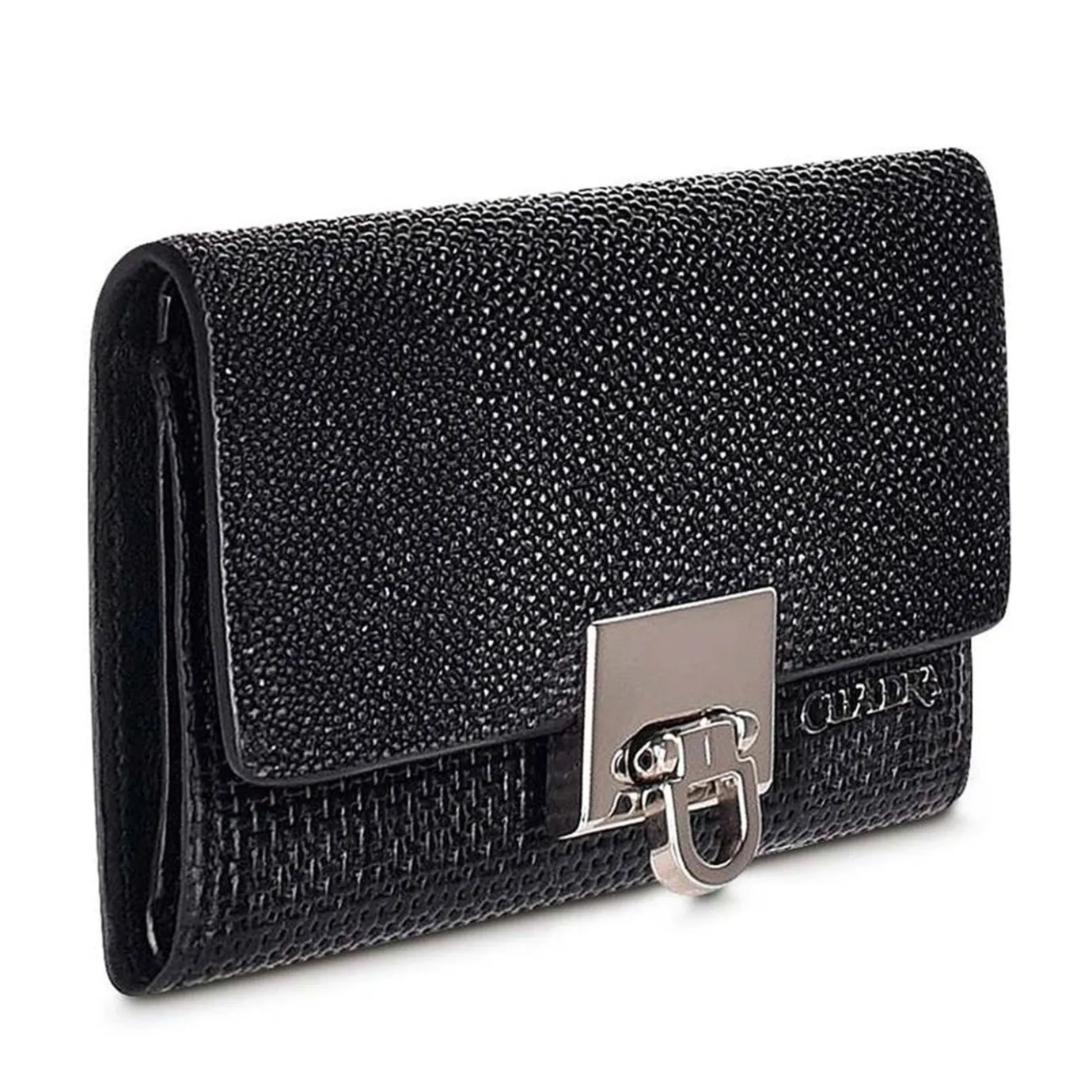 Women Cuadra Wallets-Engraved Black Leather Trifold Wallet