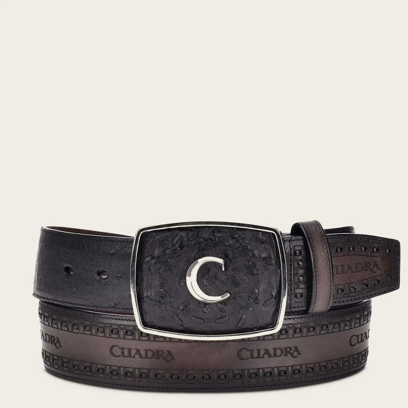 Men Cuadra Belts-Engraved Black Ostrich Leather Western Belt