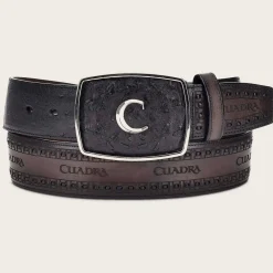 Men Cuadra Belts-Engraved Black Ostrich Leather Western Belt