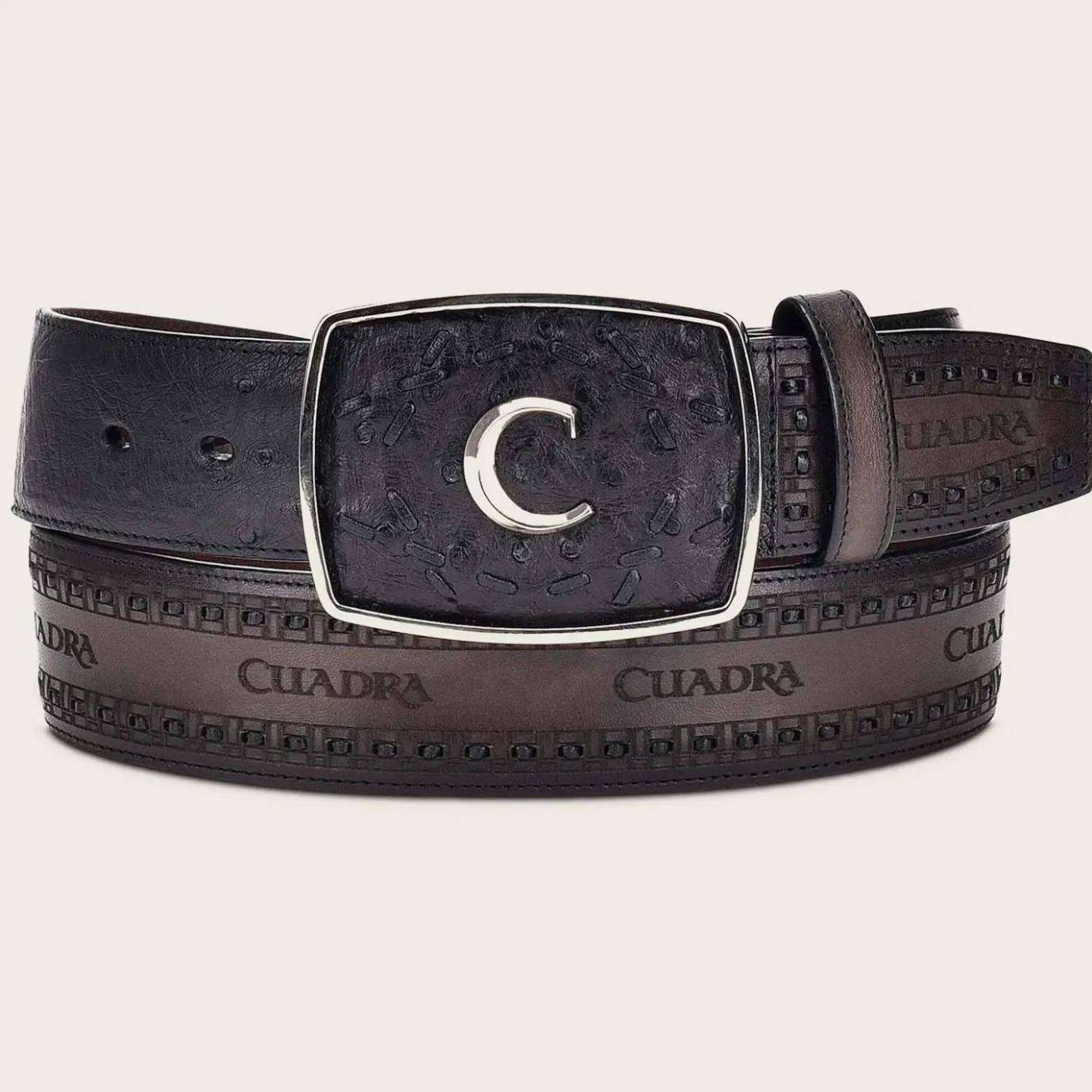 Men Cuadra Belts-Engraved Black Ostrich Leather Western Belt