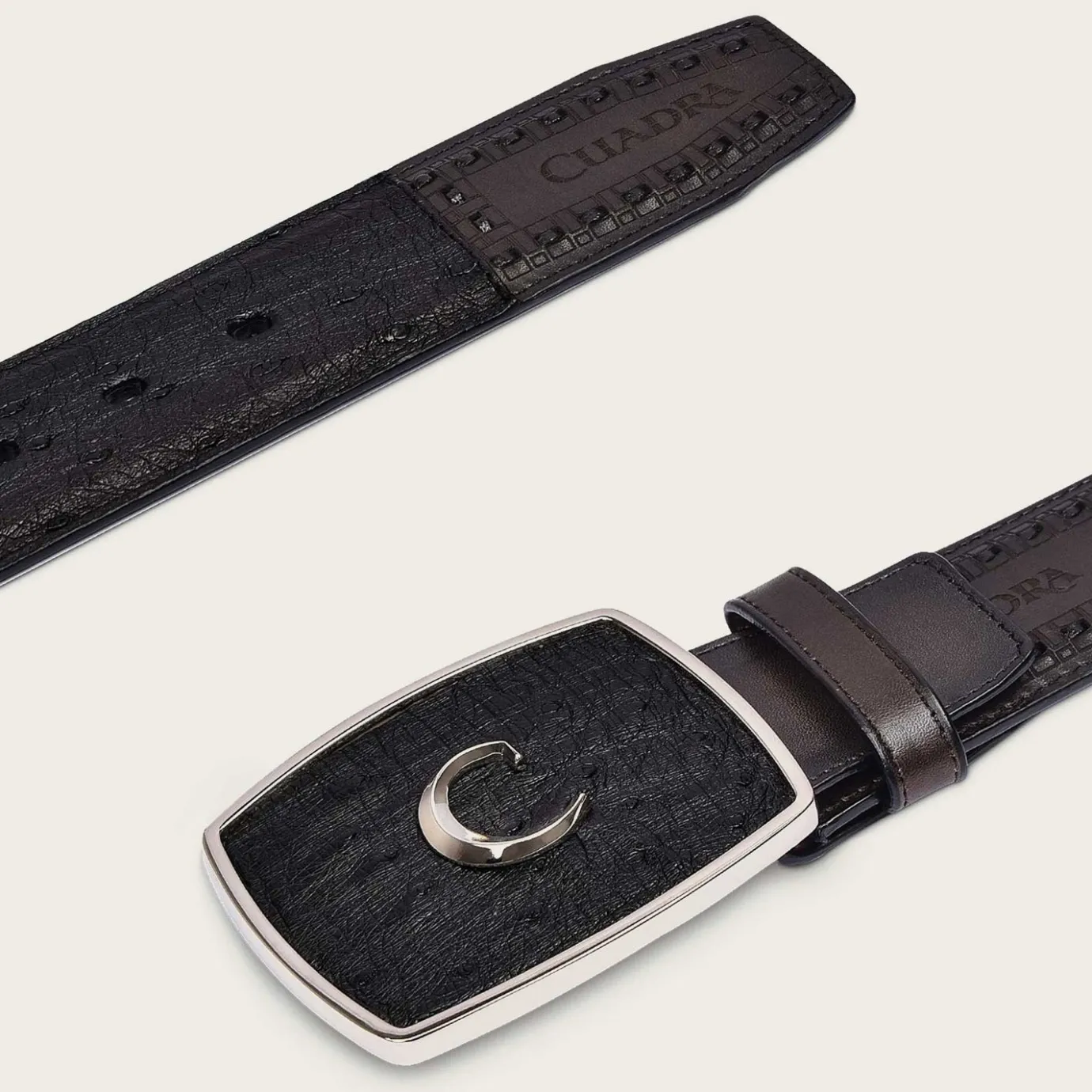 Men Cuadra Belts-Engraved Black Ostrich Leather Western Belt