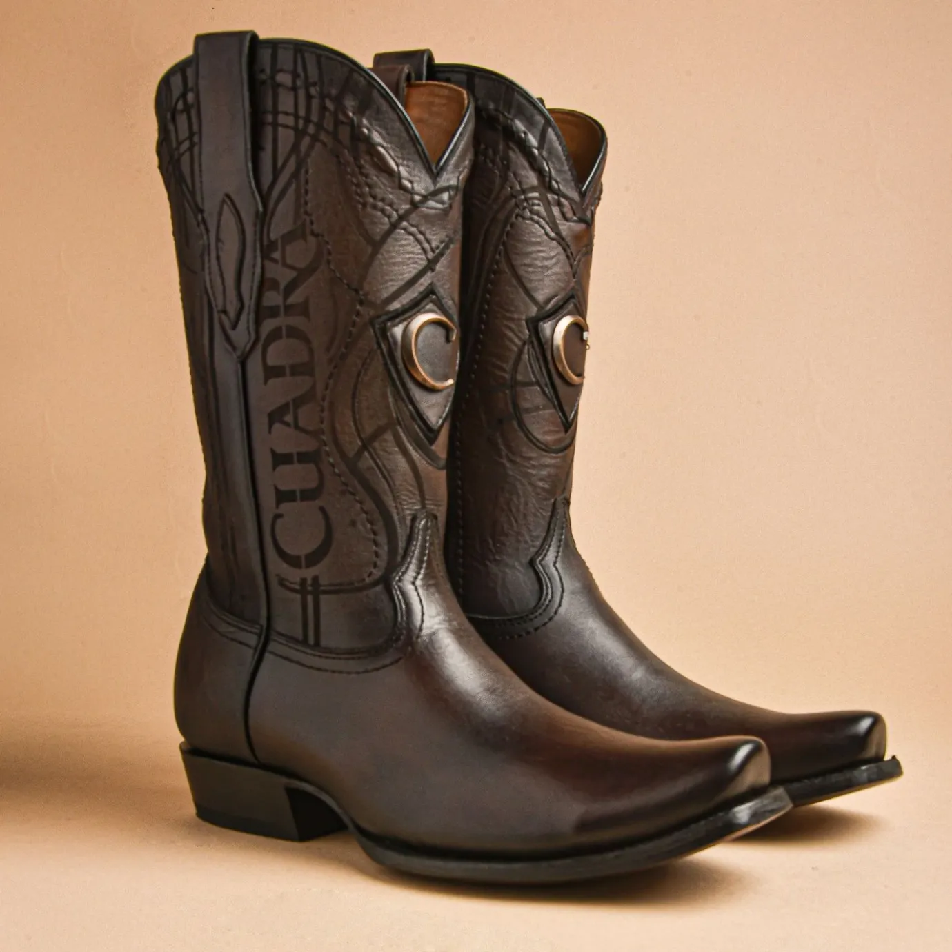 Men Cuadra Western Boots-Engraved Brown Leather Western Boot