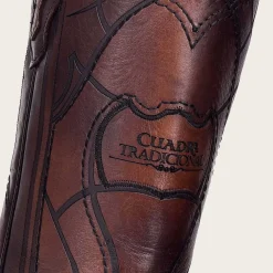 Men Cuadra Western Boots-Engraved Brown Leather Western Boot