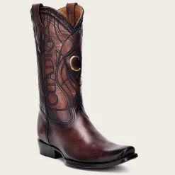 Men Cuadra Western Boots-Engraved Brown Leather Western Boot