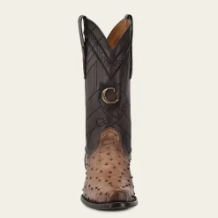 Men Cuadra Western Boots-Engraved Brown Ostrich Leather Western Boot