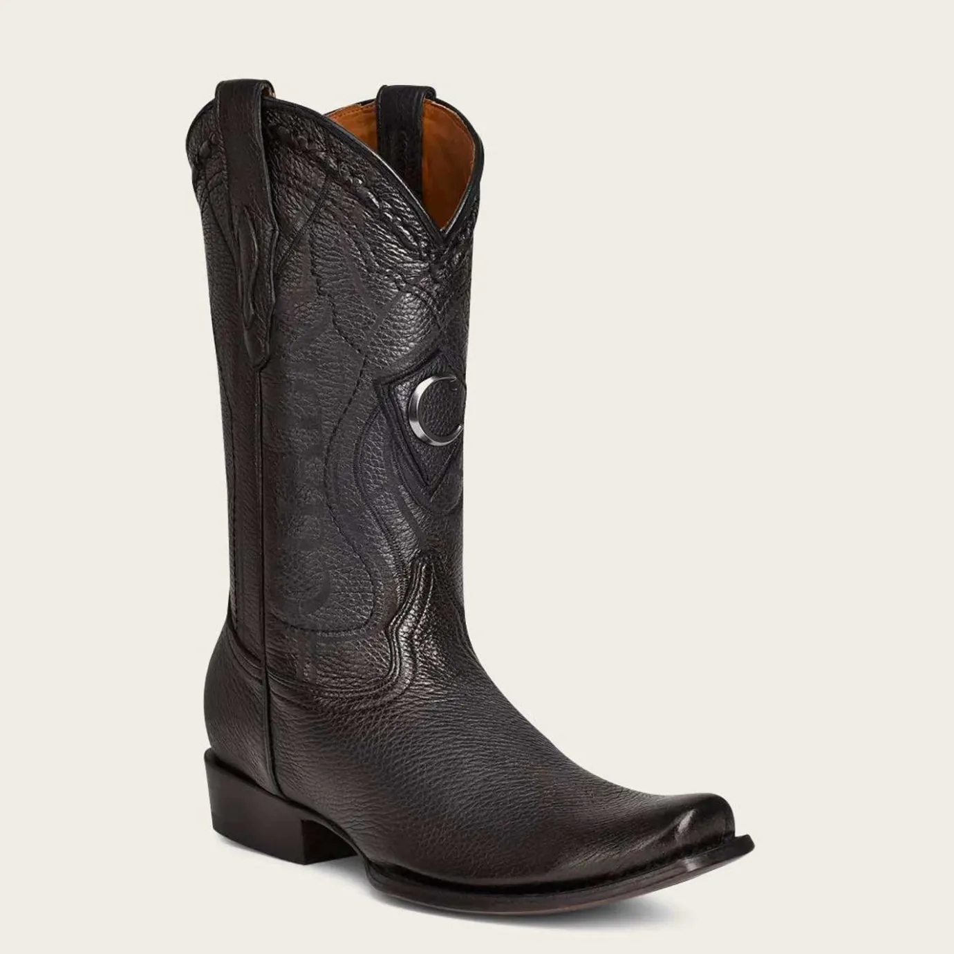 Men Cuadra Western Boots-Engraved Cowboy Black Leather Boots With Metallic Monogram